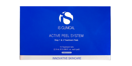 Blue packaging of IS Clinical Active Peel System on a white background