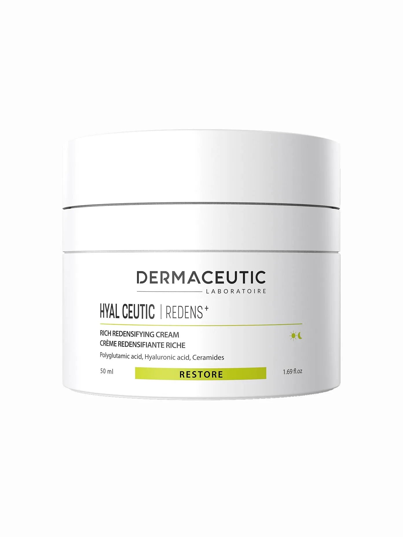 Dermaceutic Hyal ceutic Redens+ cream jar on a white background